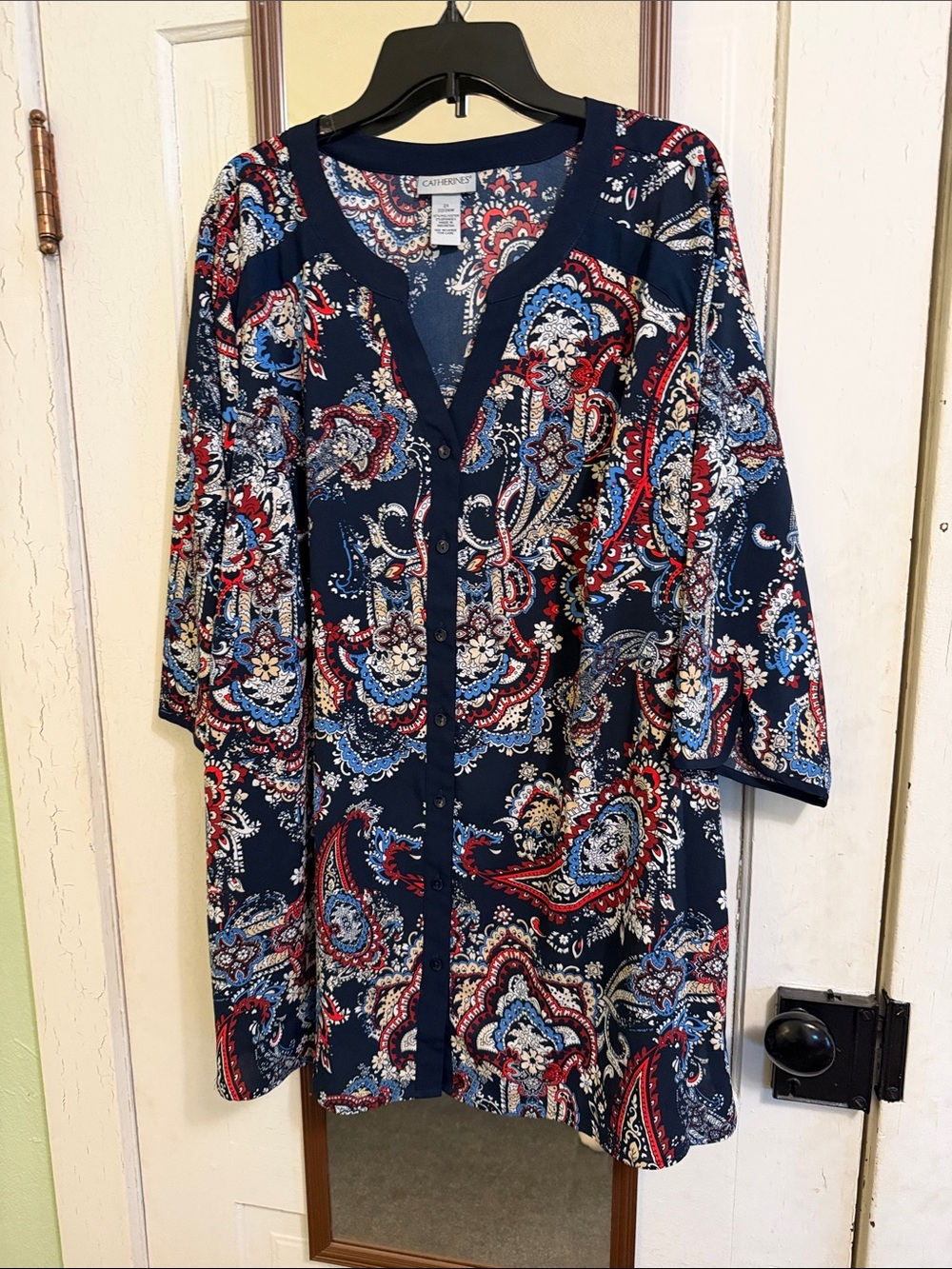 Catherines Navy Paisley Button-Front Tunic with Red & Light Blue Accents